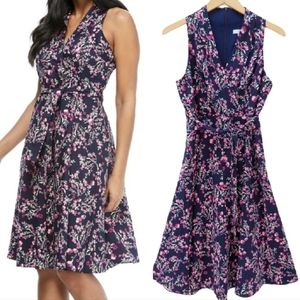 NWT London Times Floral Fit & Flare Sleeveless Tie Waist Midi Dress Navy- Sz 10